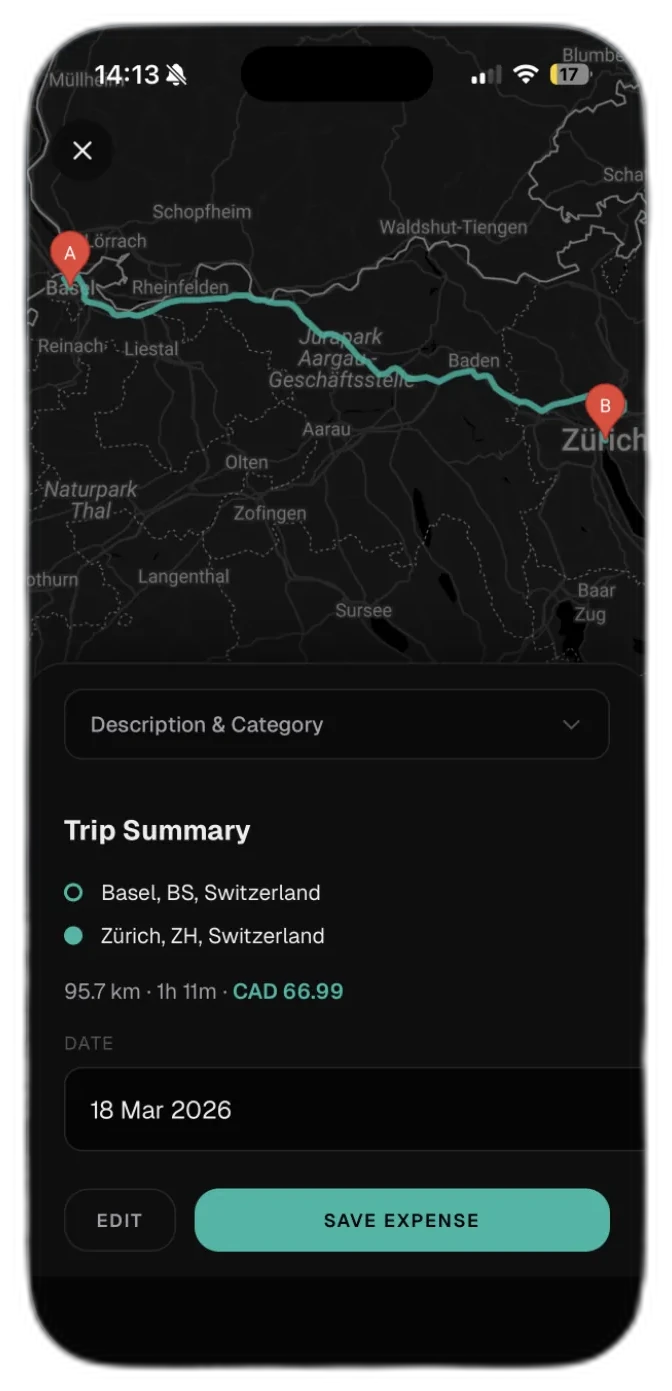 Expense Lens auf dem iPhone: eine Fahrt von Basel nach Zürich als Ausgabe gespeichert